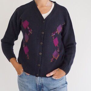 Vintage Koret Navy Argyle 30% Wool Cardigan with Floral Trim Cozy Grandmacore L